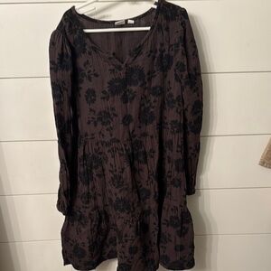 Brown Casual V-Neck Sundress with Bishop Sleeves